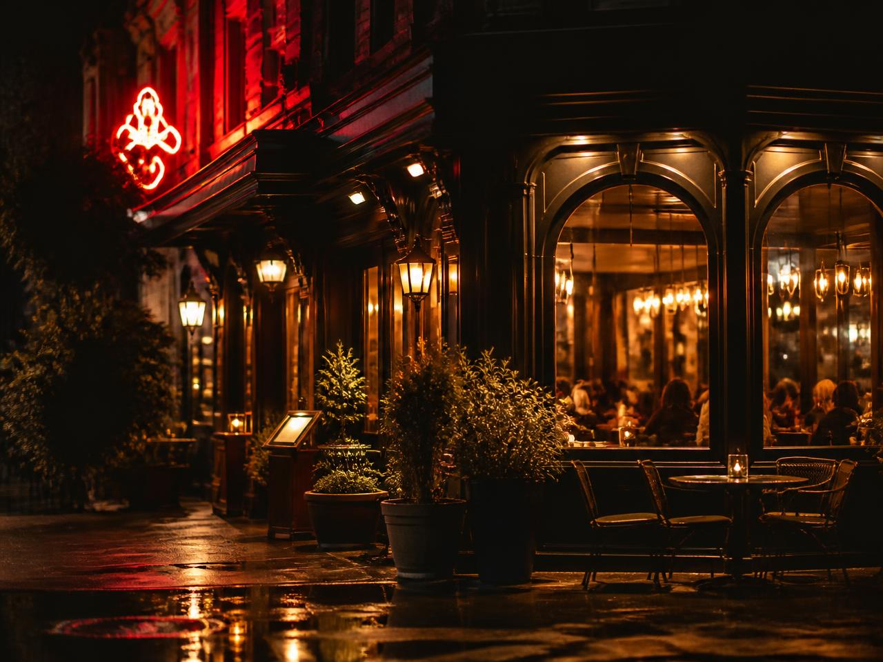 Local de barrio iluminado de noche con clientes dentro